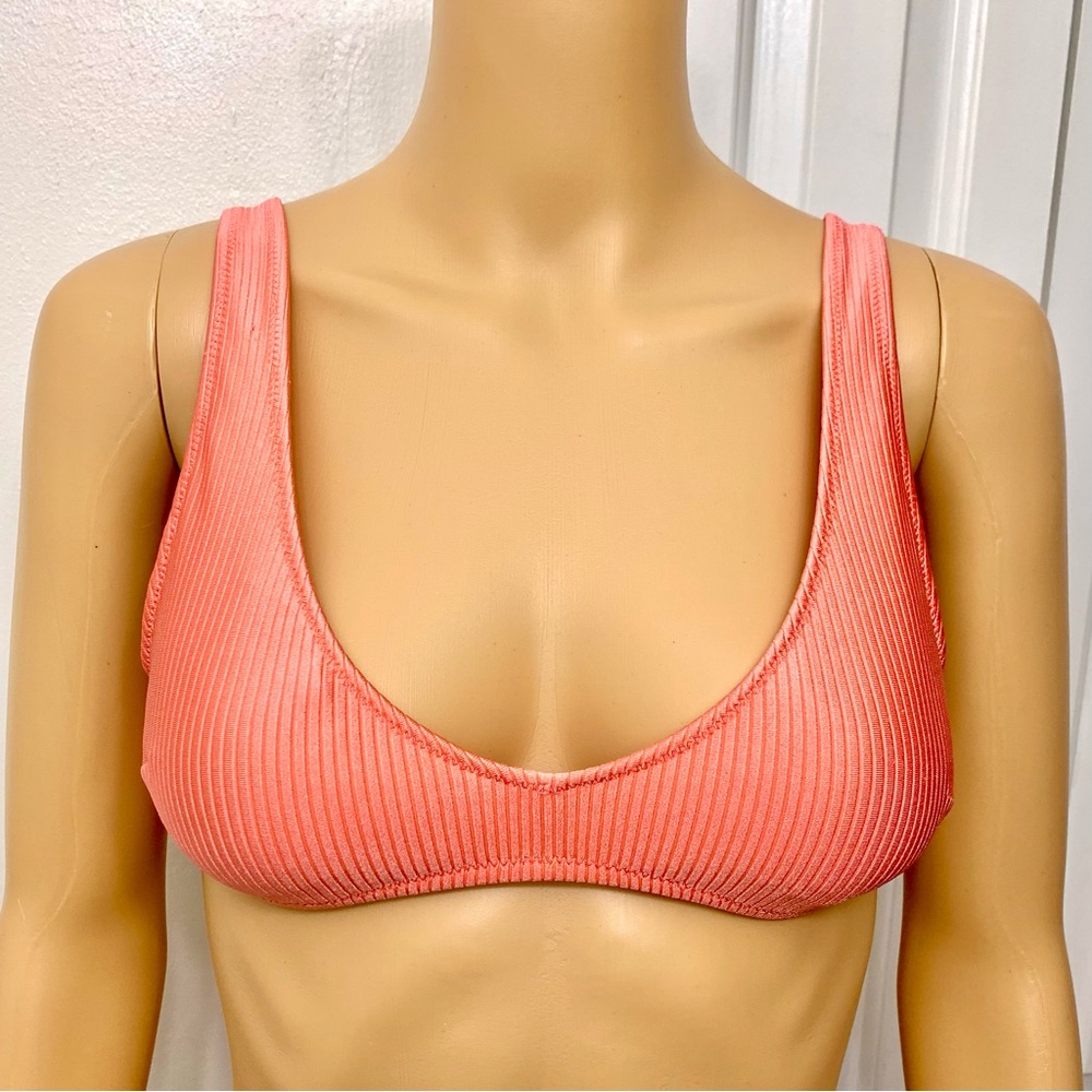 Aerie Wide Strap Voop Shine Coral Scoop Plunge Ribbed Bikini Top size S